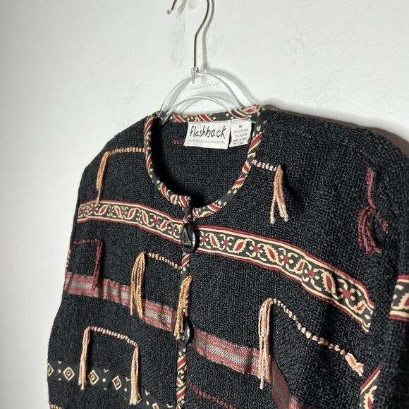 Flashback Jacket Womens Medium Black Knit Boho Tassel Western Intricate Vintage - Picture 13 of 13